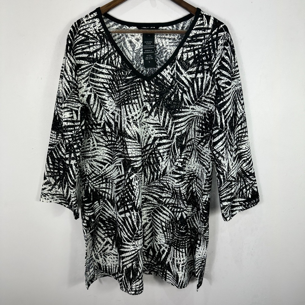 Mario Serrani Italy L Palm Leaf Print Tunic Top Cover-Up Blouse Resort Cruise